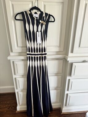 Acler Navy and Cream Sculpted Sleeveless Maxi Dress